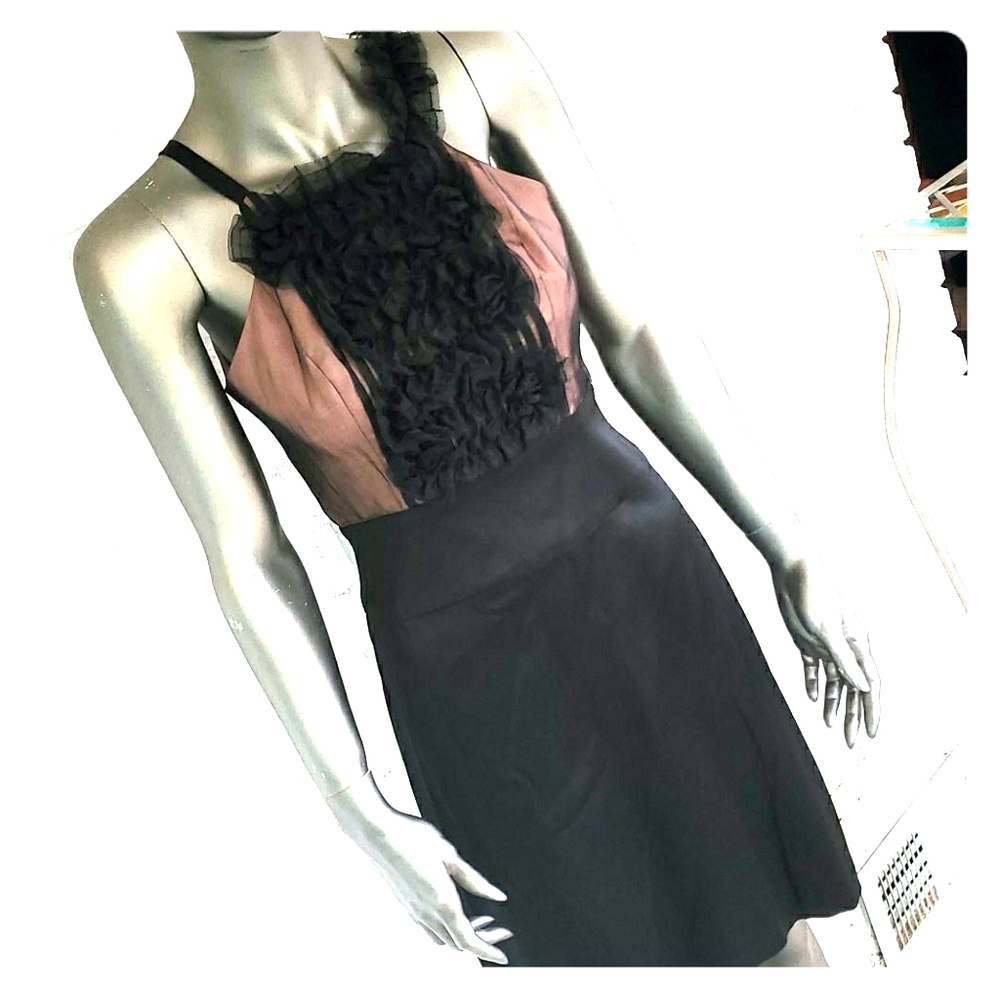 BCBG black ruffle cocktail dress w pink lace un